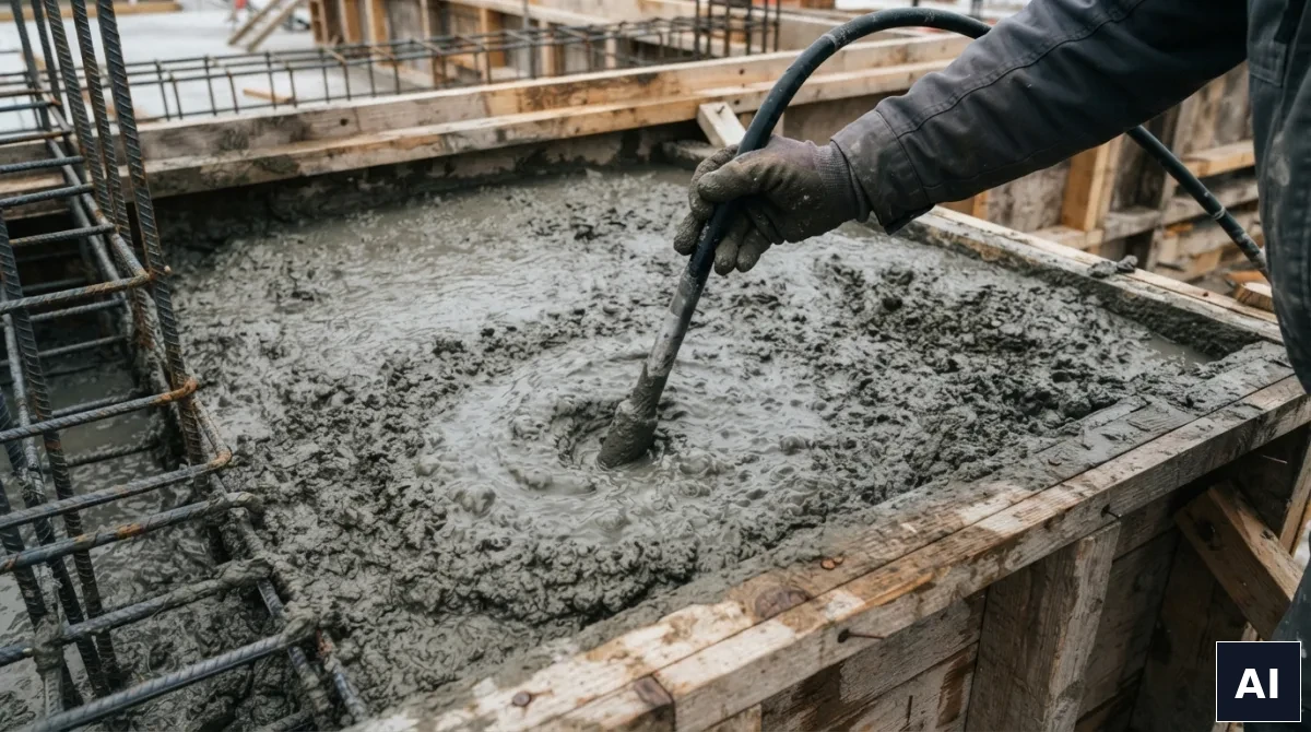 Wibrator buławowy zagęszczający świeży beton w deskowaniu fundamentu